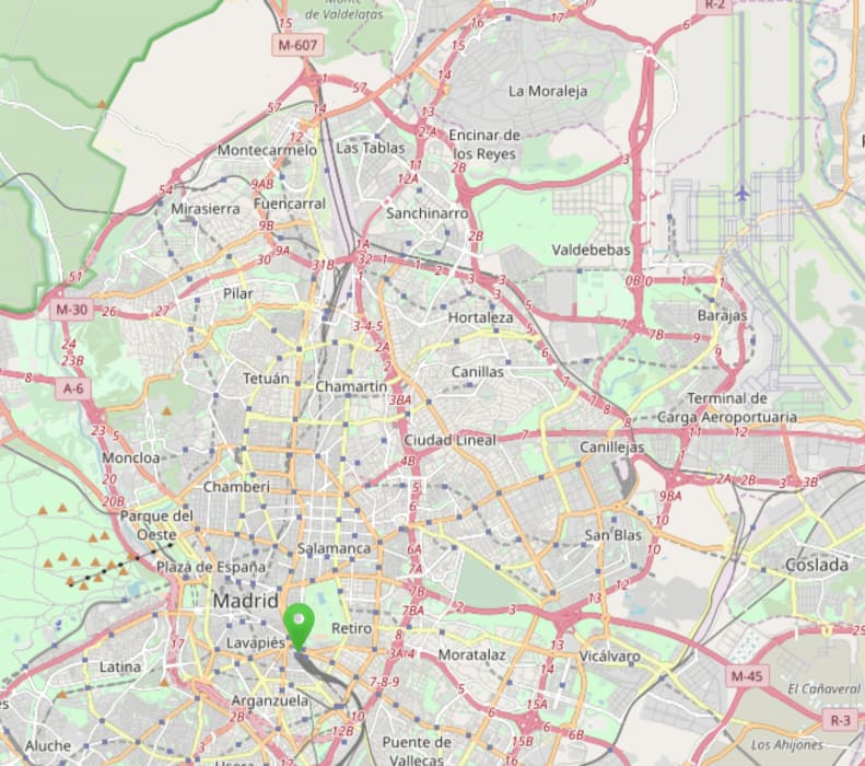 Mapa de Madrid con la estación de Atocha marcada.