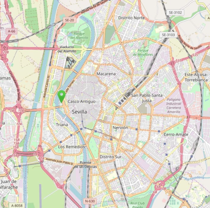 Mapa de Sevilla con la estación Plaza de Armas marcada.