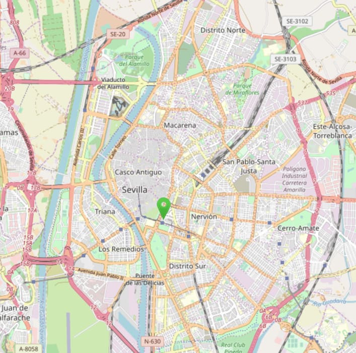 Mapa de Sevilla con la estación del Prado de San Sebastián marcada.