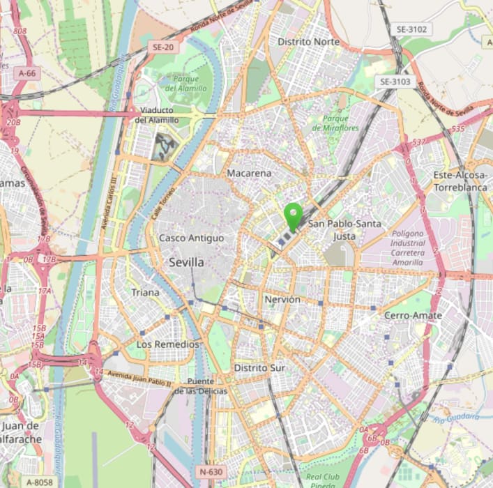 Mapa de Sevilla con la estación de Santa Justa marcada.
