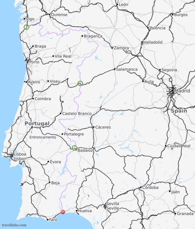 Train connections at the border of south Spain and Portugal