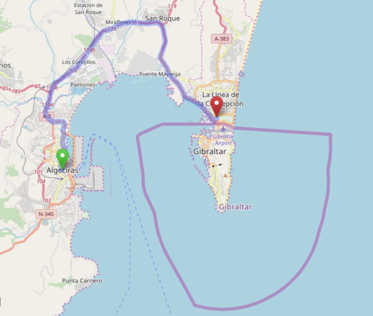 Map of the road route from Algeciras to La Línea