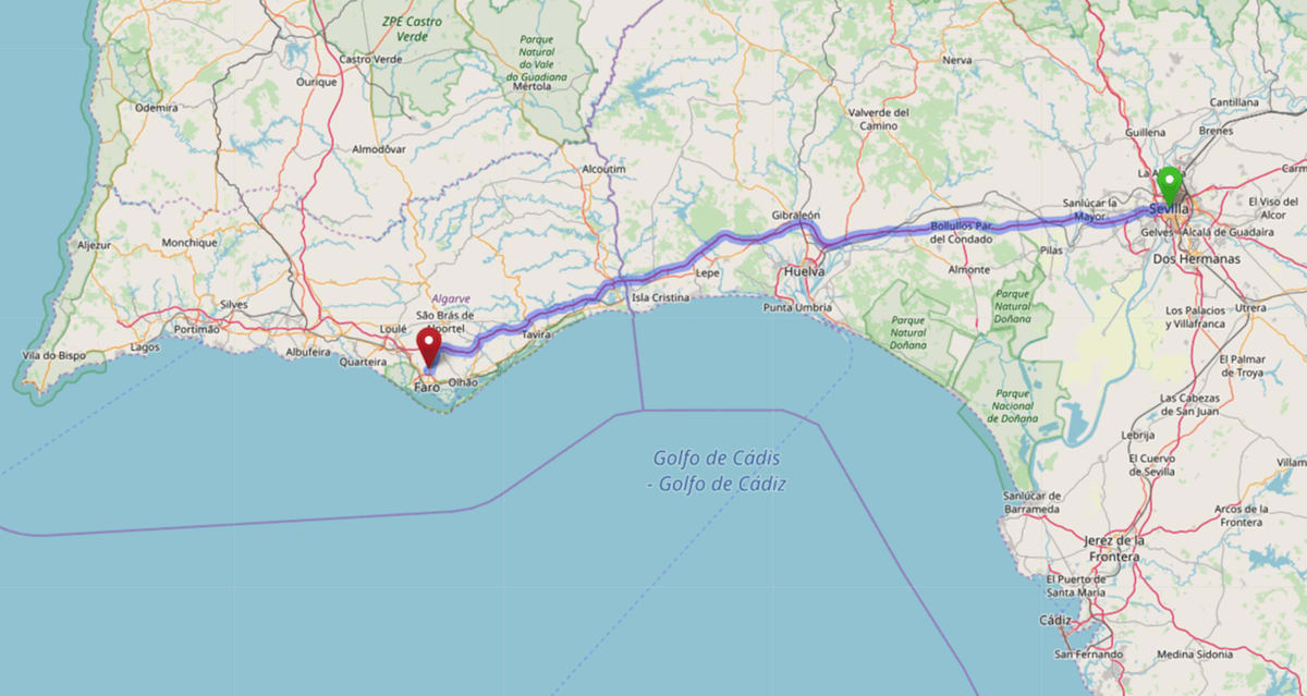 Mapa de la ruta en carretera de Seville a Faro