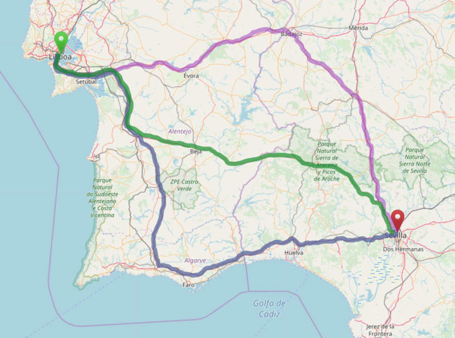 Mapa de las tres posibles rutas para ir de Lisboa a Sevilla en coche