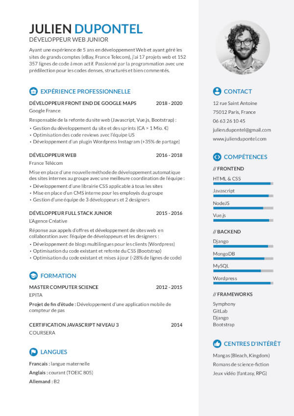 Template - CV Développeur Web Junior