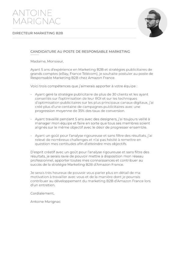 exemple de lettre de motivation pré remplie pour responsable marketing