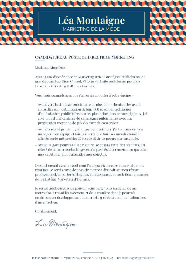 modèle de lettre de motivation mode original