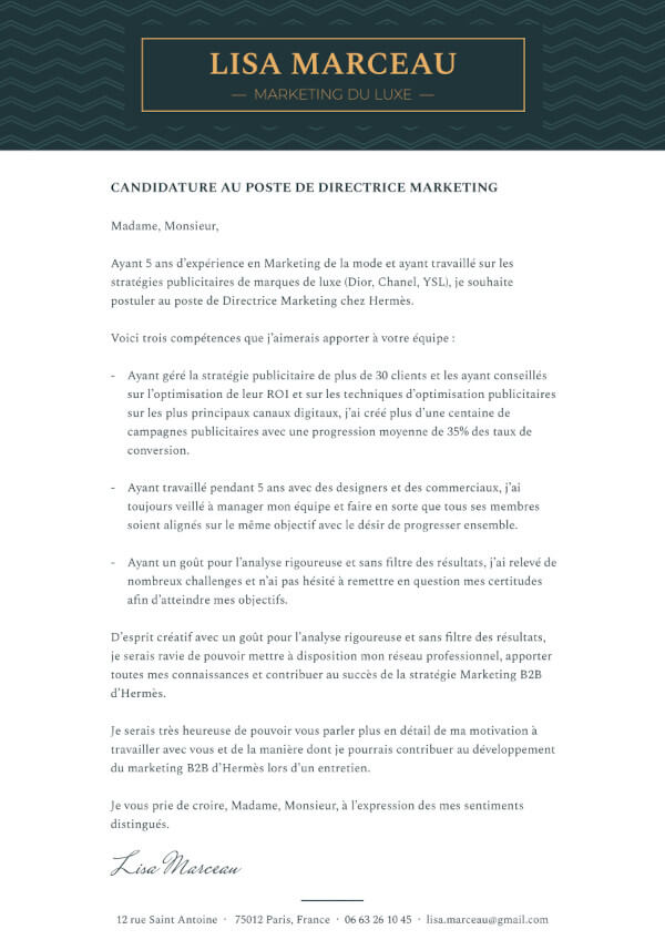modèle de lettre de motivation pour postuler dans le luxe