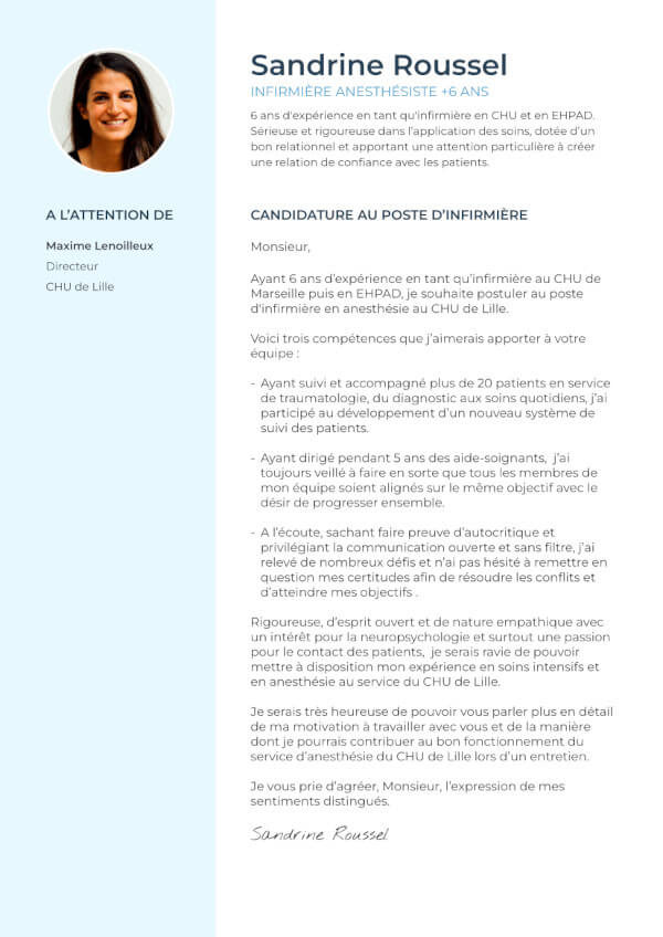 exemple de lettre de motivation pour infirmière
