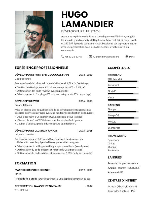 CV informaticien ou développeur informatique