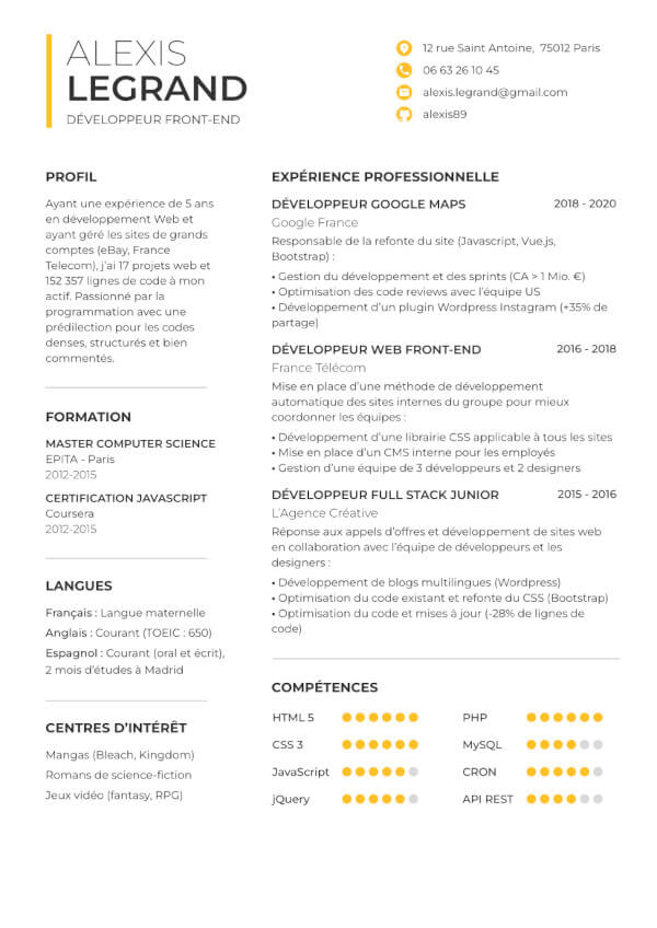 CV en français pour un stage en informatique