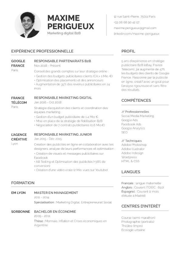 exemple de CV simple et moderne en noir et blanc