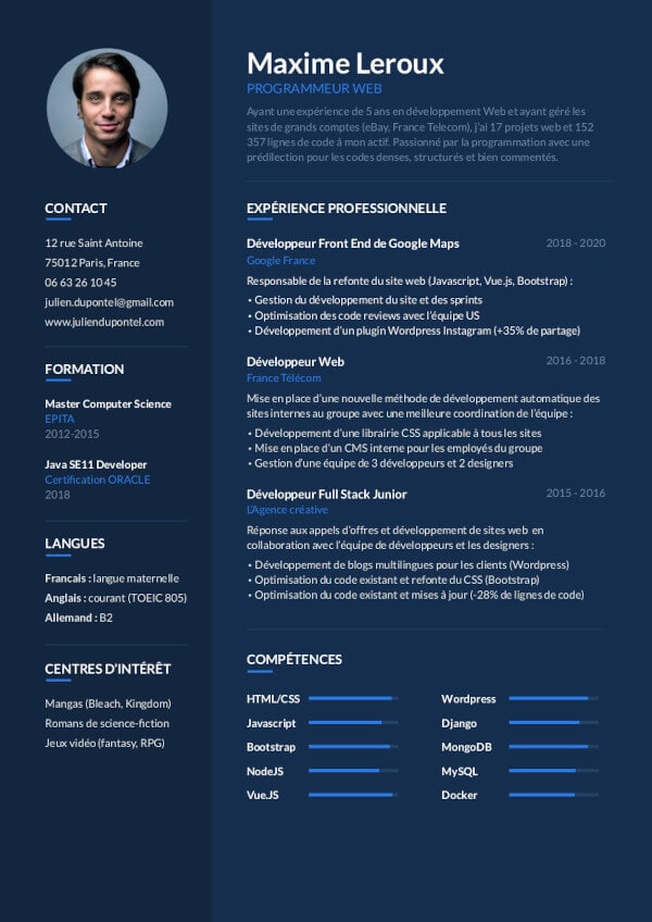 CV moderne et original pour développeur informatique