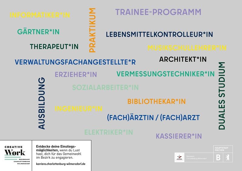 Kampagnenmotiv mit Überblick über wichtige Berufsfelder im Bezirksamt Charlottenburg-Wilmersdorf