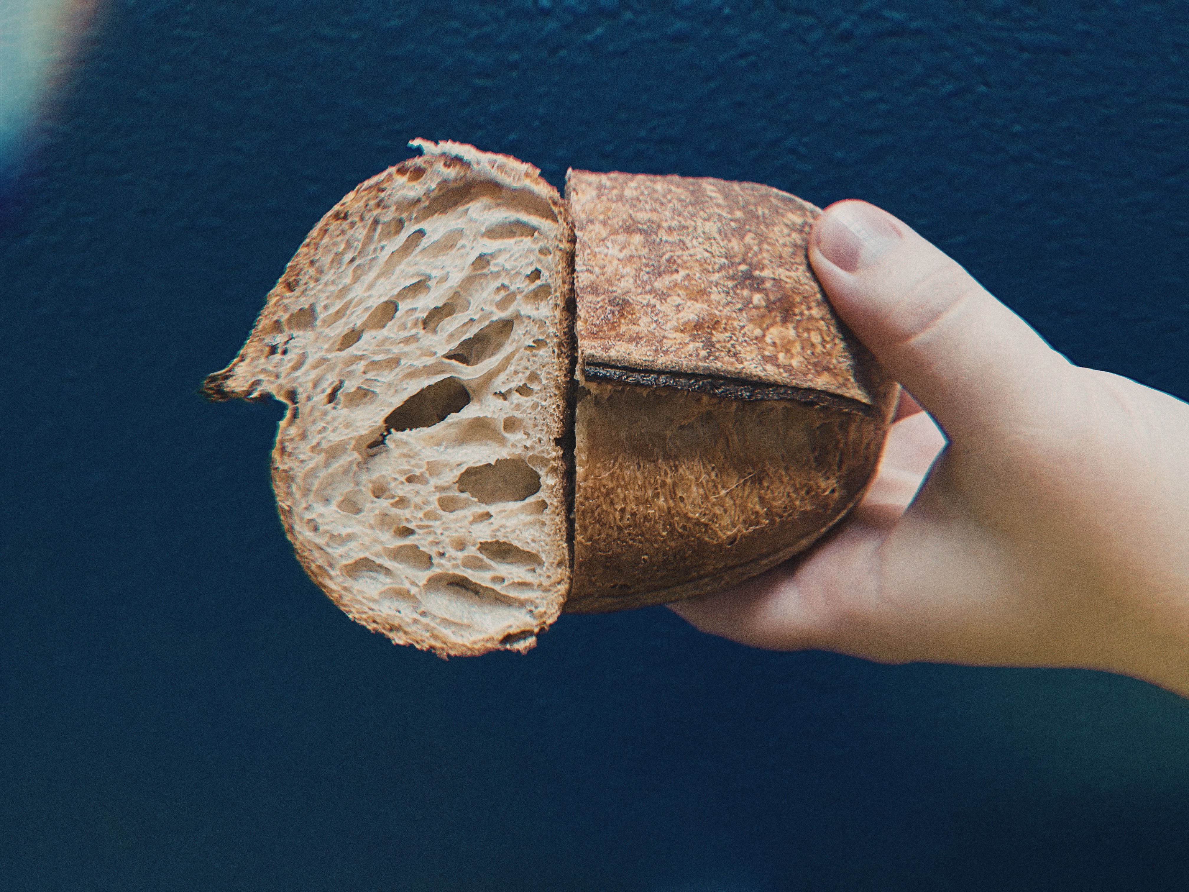 Crumb shot of a small loaf of sourdough bread with nice open crumb.