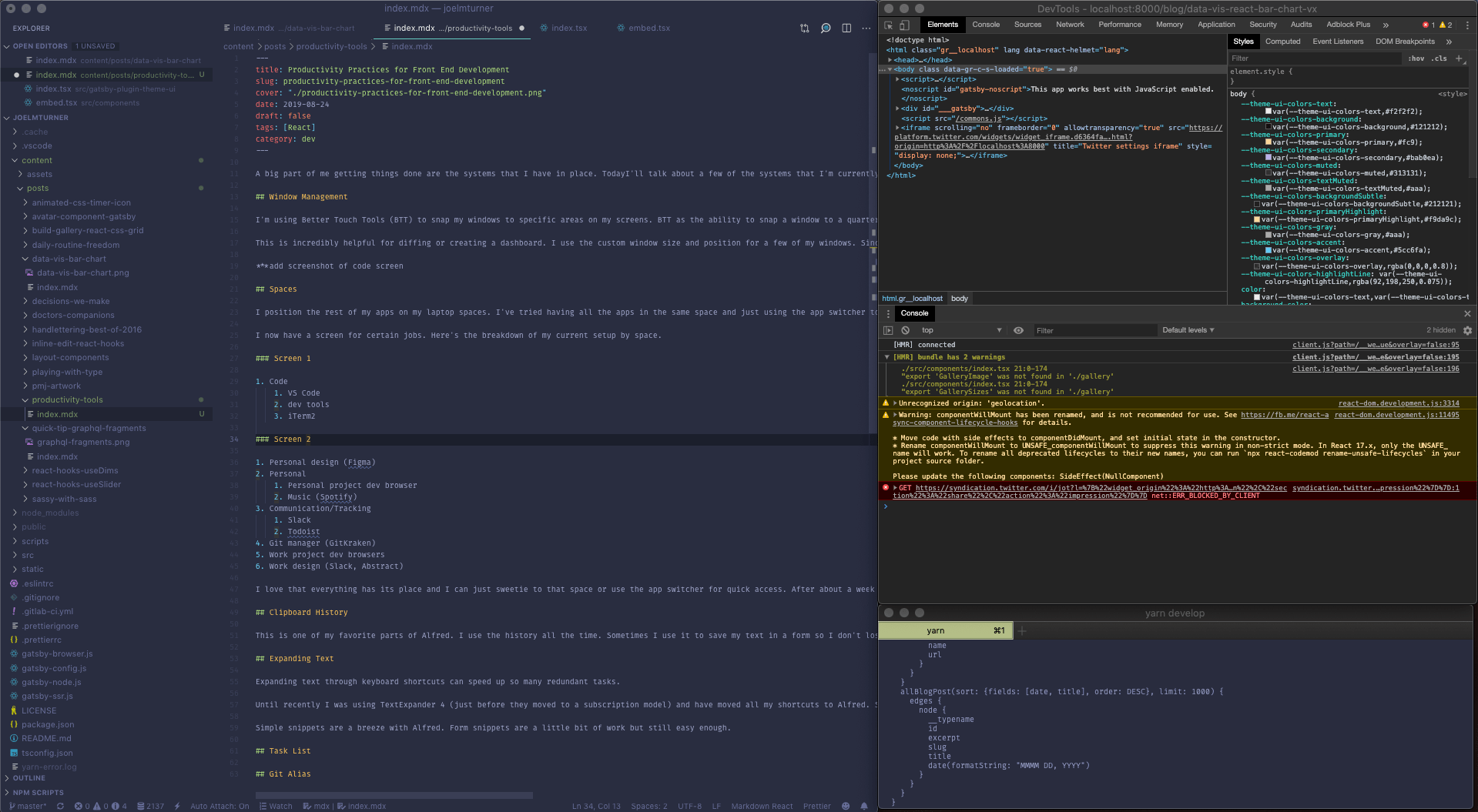 vs code, dev tools, iterm2 on screen