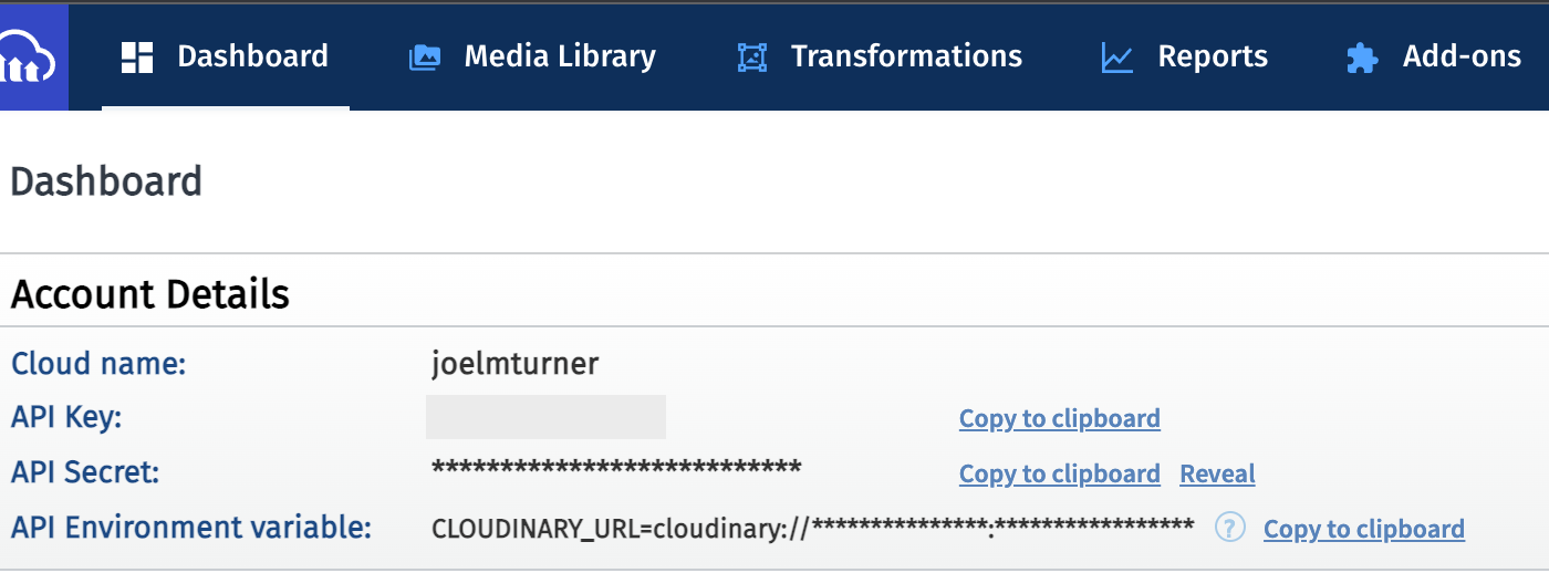 screenshot of Cloudinary's dashboard, showing api credentials