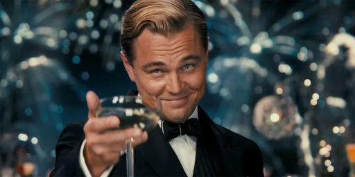 Leo DiCaprio as Great Gatsby toasting the viewer