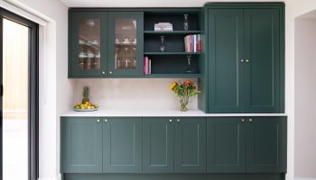 a kitchen with green cabinets and shelves