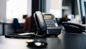 a black telephone on a desk
