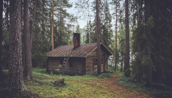 a log cabin in the woods