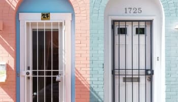 doors on the front of a brick building