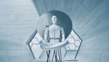 a robot sitting in a room with a satellite dish