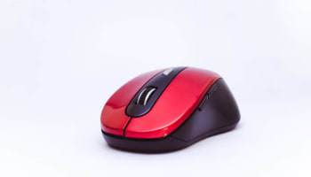 a red and black computer mouse