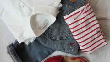 a pair of red shoes and jeans