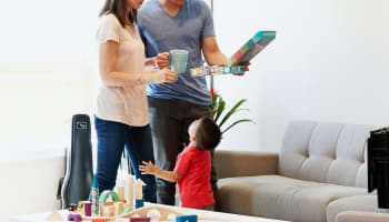 people looking at a box