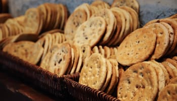 a group of cookies in baskets