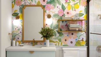 a bathroom with a mirror and shelves