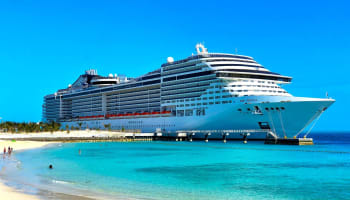 a large cruise ship docked at a dock