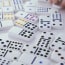 a group of dominoes on a white surface