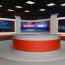 a news studio with a red and white pedestal
