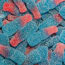 a group of blue and red candy