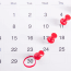 a calendar with red pins and a circle