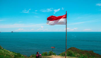 a person sitting on a hill with a flag on a pole