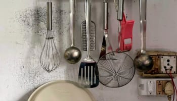 a group of kitchen utensils on a wall