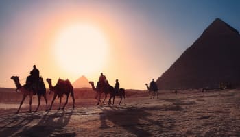 a group of people riding camels in the desert