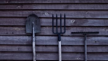 a shovel and pitchfork on a wall