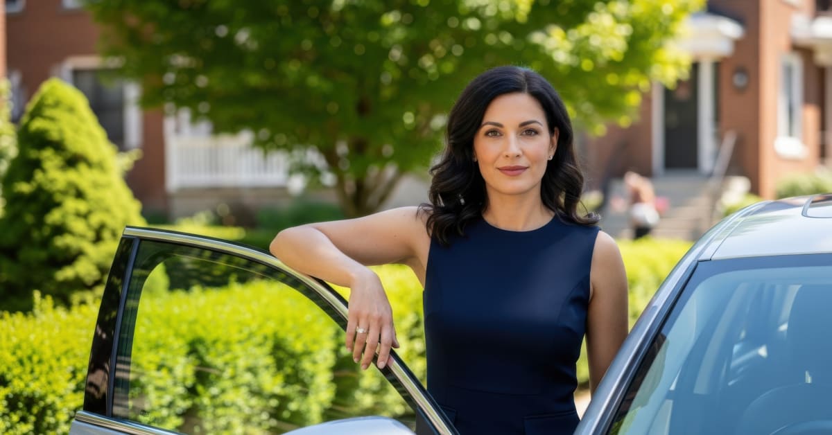 Professional woman standing by her car with the door open in a neighborhood