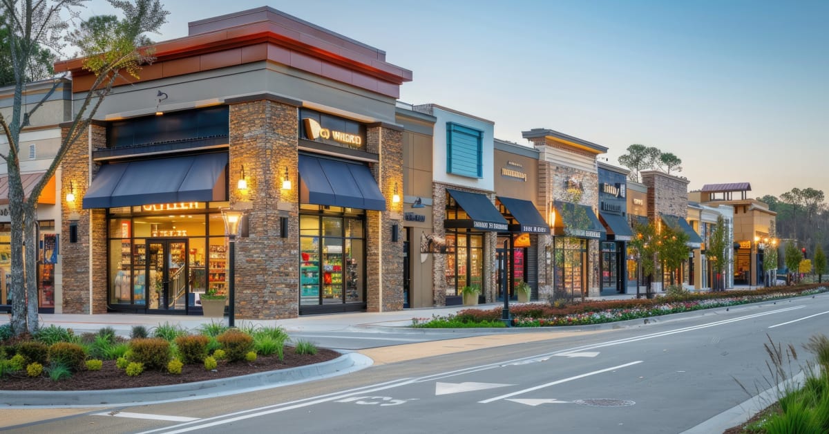 image of a shopping plaza at dusk image of a shopping plaza at dusk