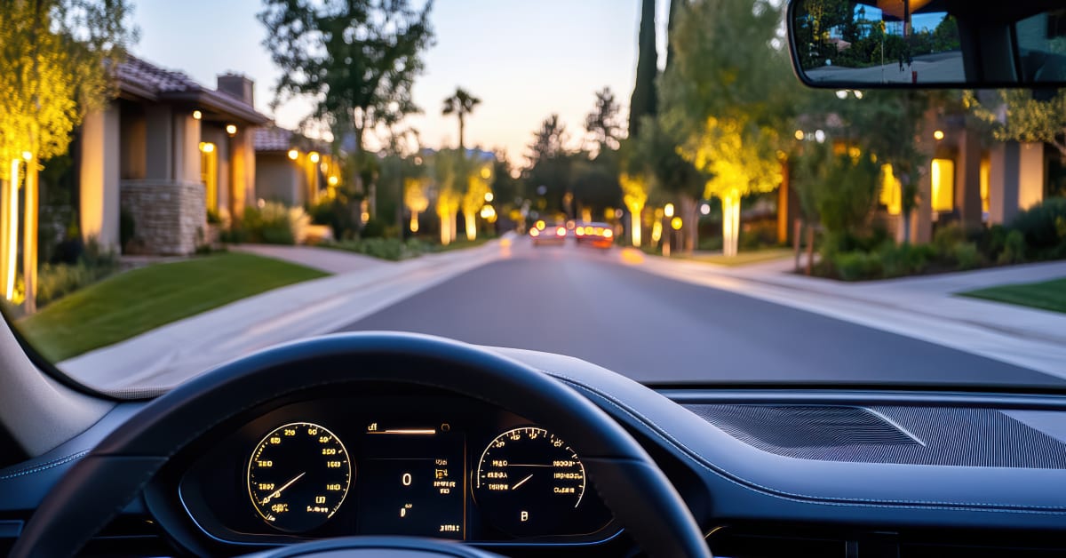 Driving through a neighborhood; driver's view through the windshield Driving through a neighborhood; driver's view through the windshield