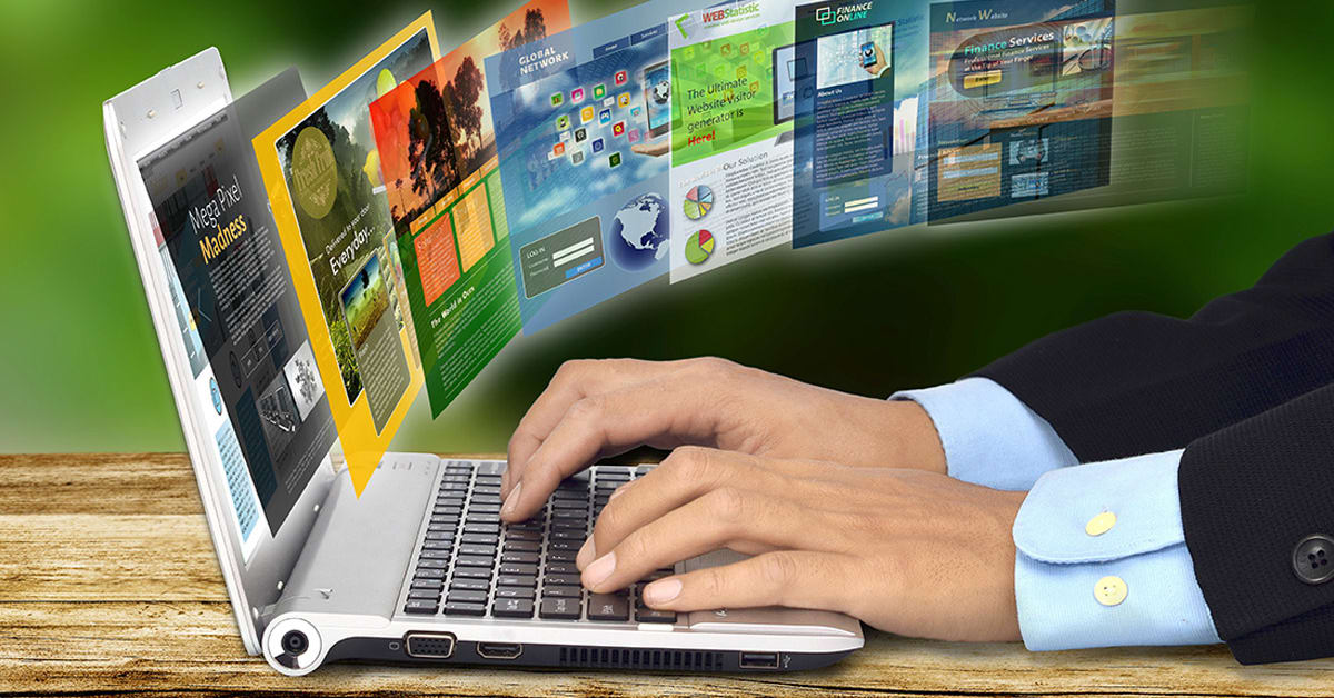 image of a laptop being used and websites flying out image of a laptop being used and websites flying out