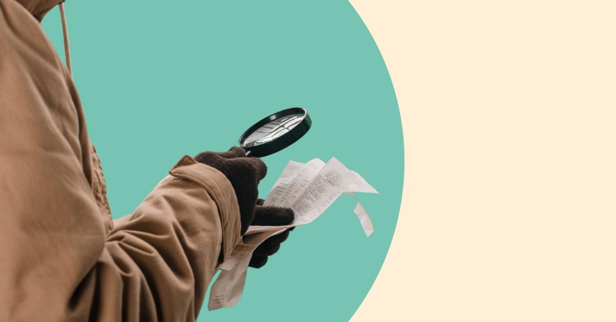image of person in trenchcoat with magnifying glass investigating a receipt
