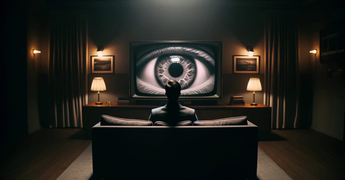 image of a person on couch watching a tv with a giant eyeball on it