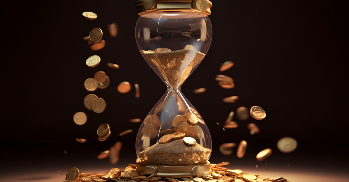 Hourglass surrounded by floating gold coins