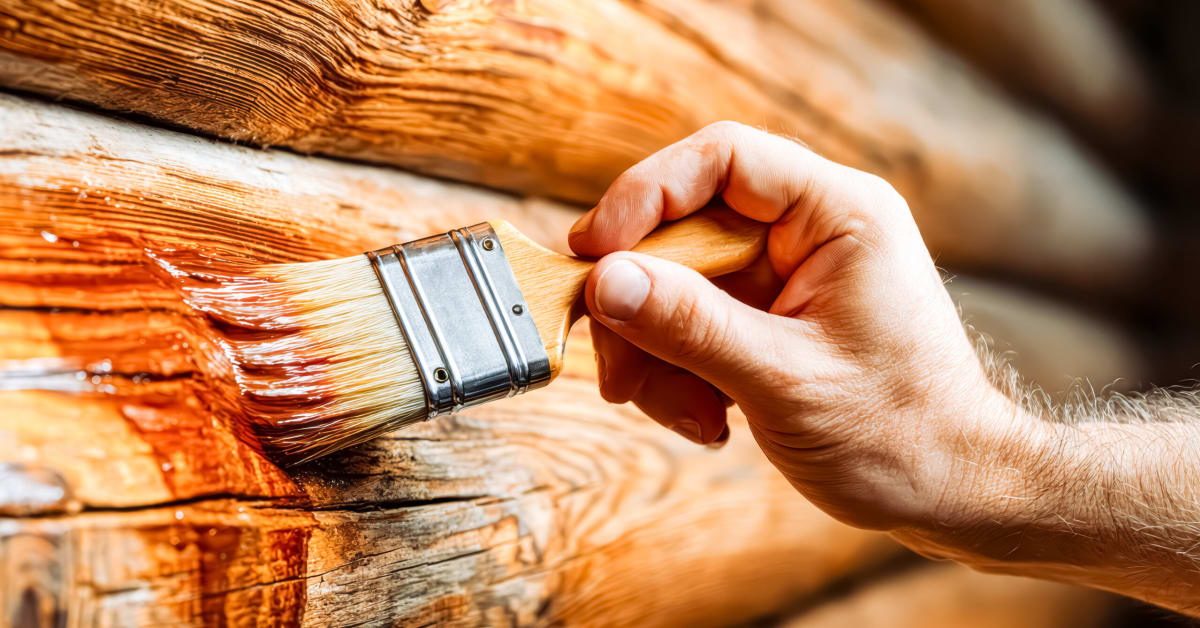 image of a hand holding a paint brush staining wood