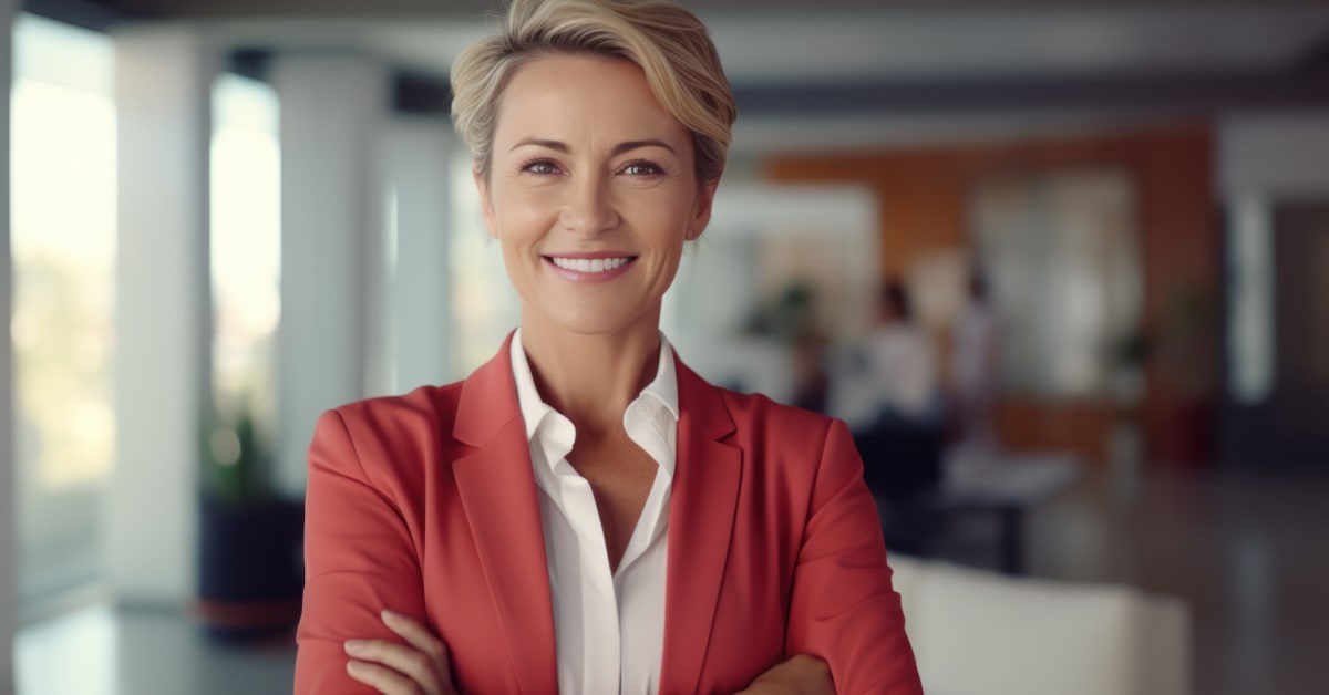 image of a woman in business suit looking right at camera